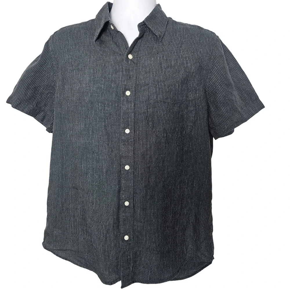 J. Crew Mens 100% Linen Striped Short Sleeve Shirt M Navy Blue Coastal Classic